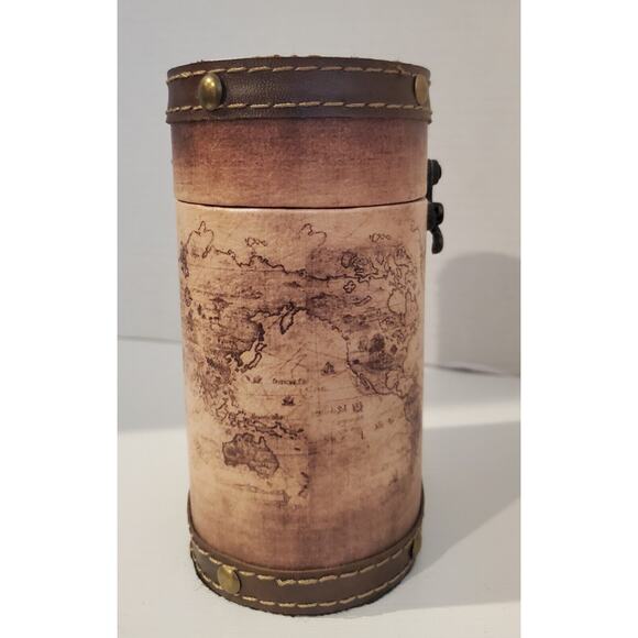 Leather Map Designed Storage Container 6 Inches Tall - Picture 4 of 8